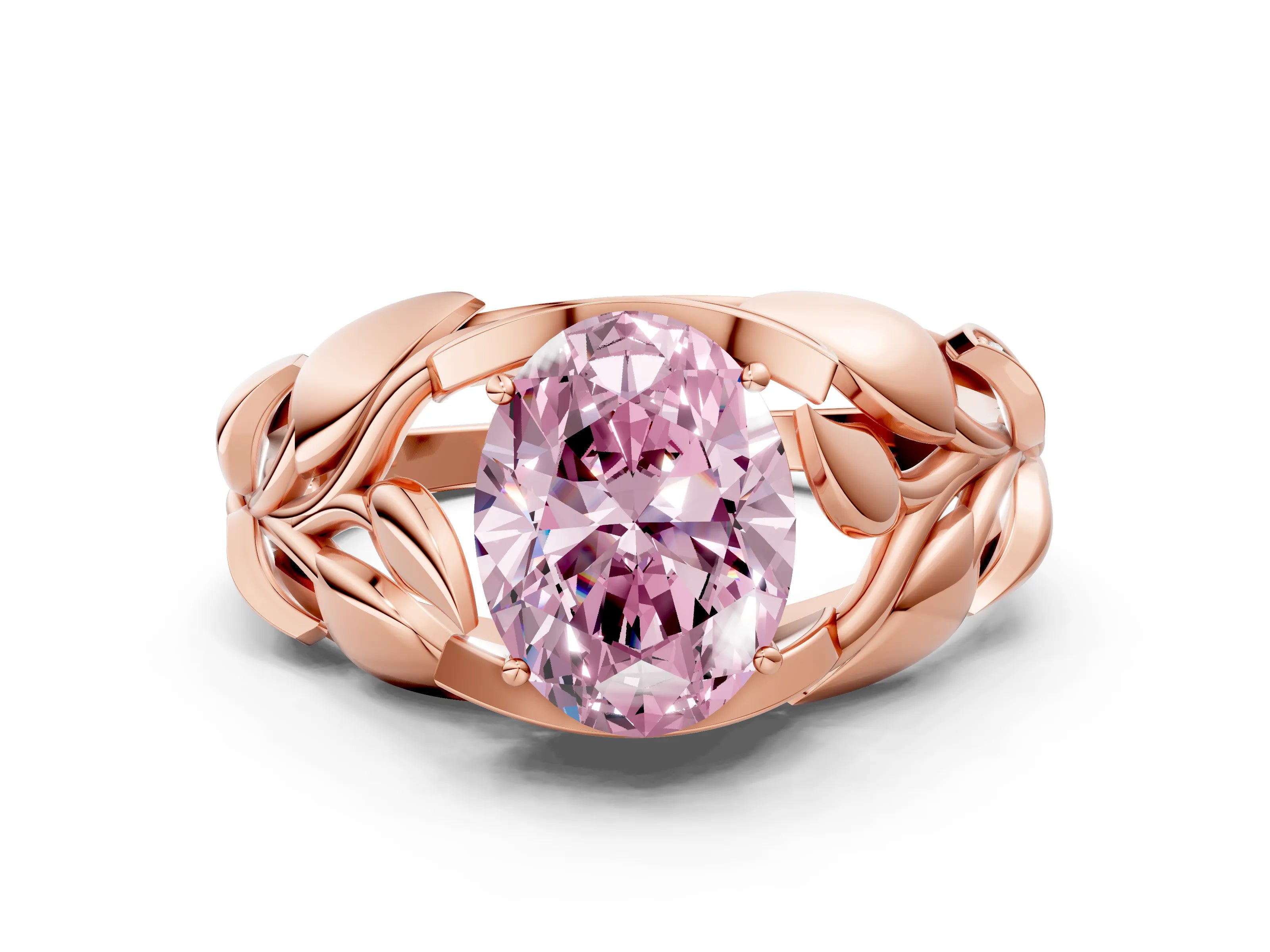 Rose gold Fancy Pink Oval Cut Solitaire Leaf-Inspired Engagement Ring with Prong Setting