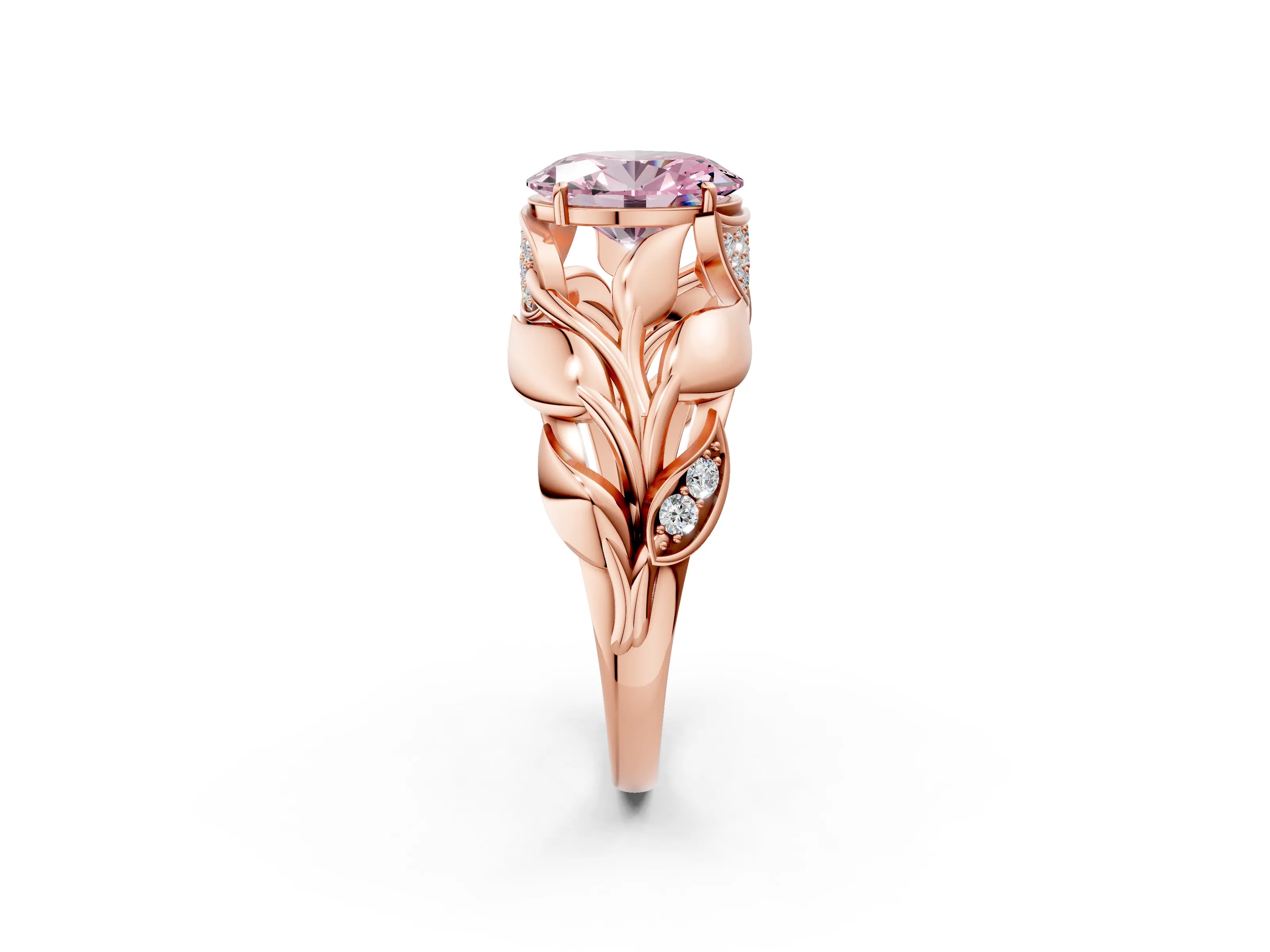 Rose gold Fancy Pink Oval Cut Solitaire Leaf-Inspired Engagement Ring with Prong Setting_2