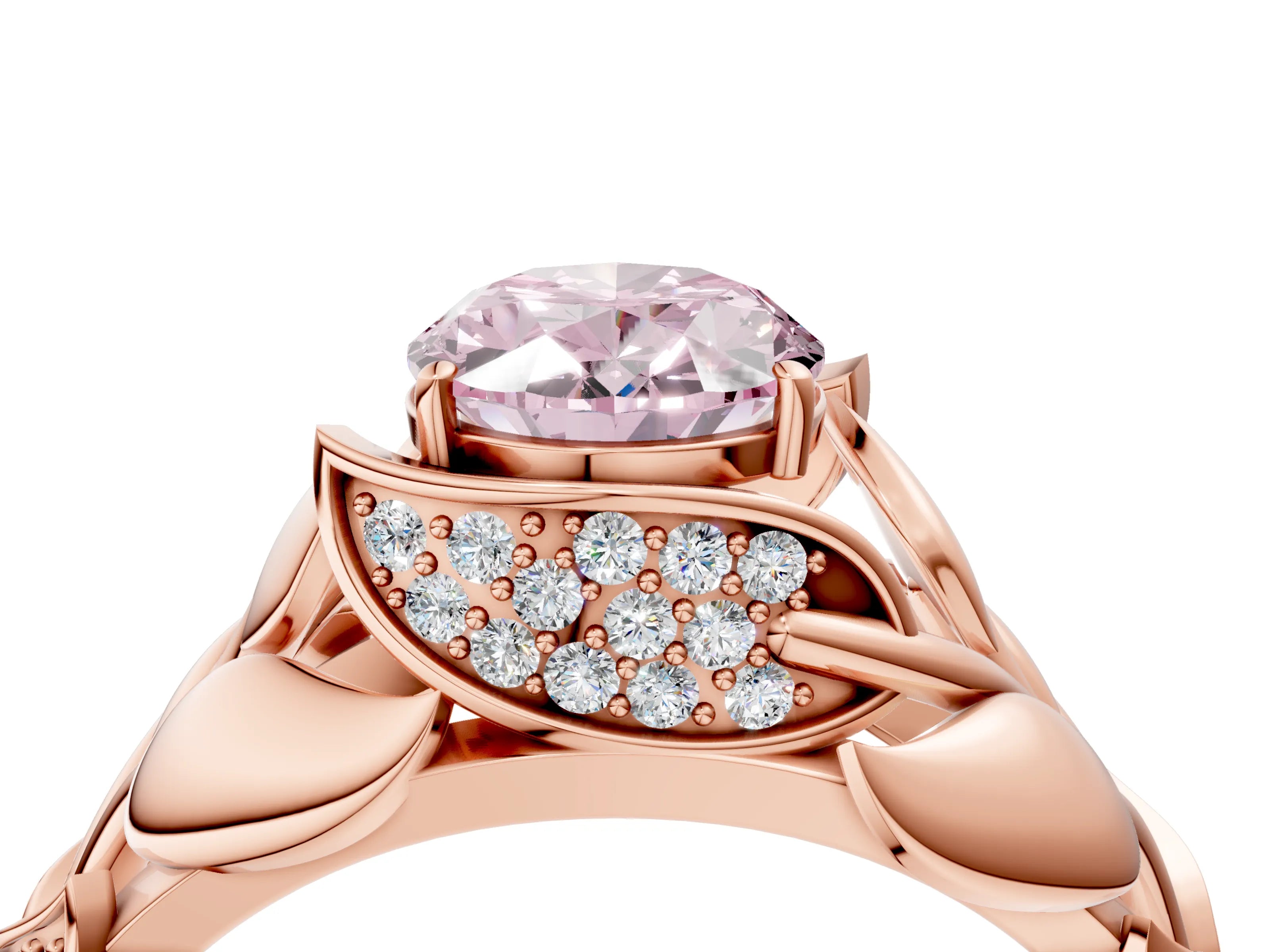 Rose gold Fancy Pink Oval Cut Solitaire Leaf-Inspired Engagement Ring with Prong Setting_4