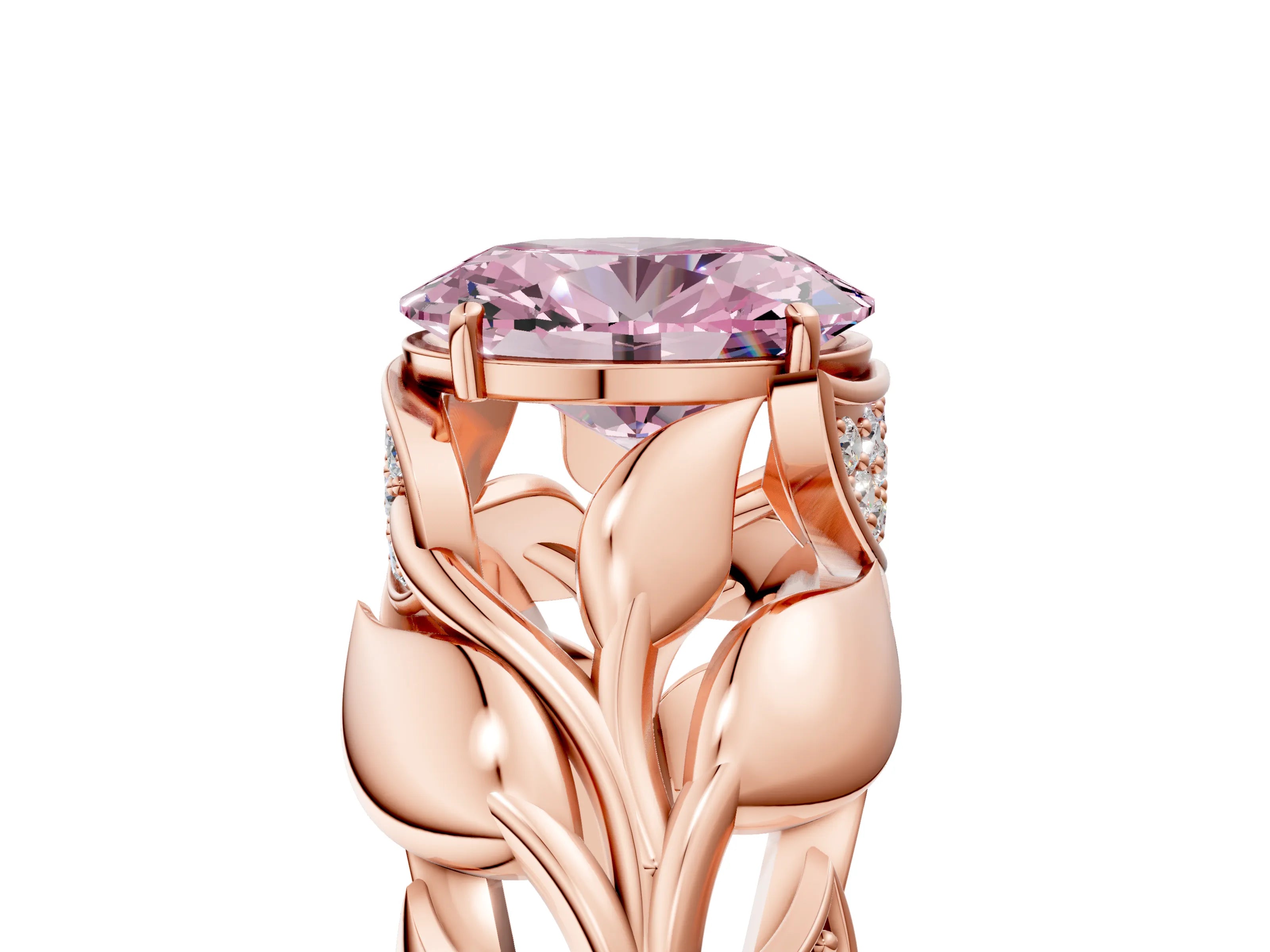 Rose gold Fancy Pink Oval Cut Solitaire Leaf-Inspired Engagement Ring with Prong Setting_5