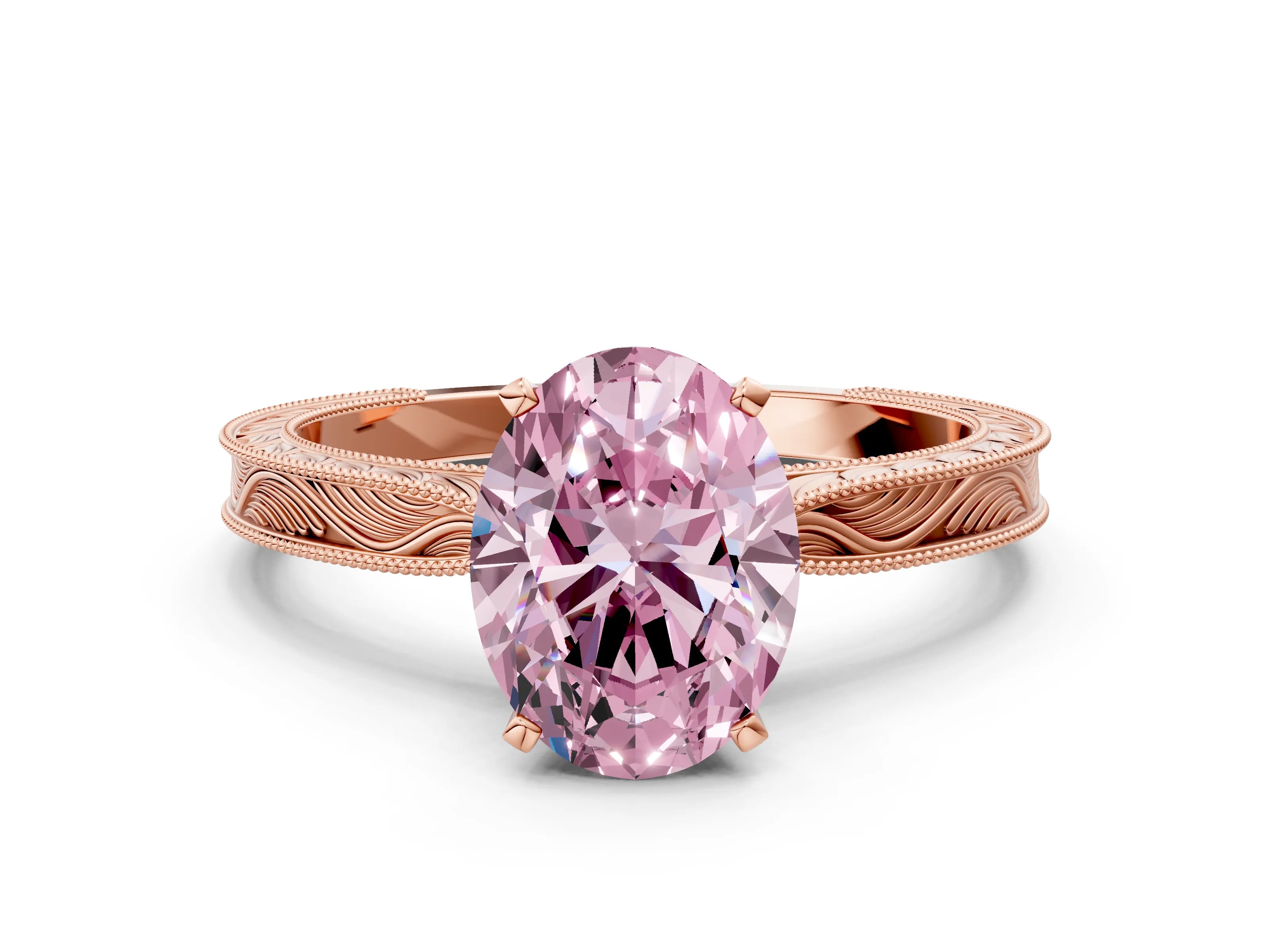 Rose gold Fancy Pink Oval Cut Solitaire Milgrain Engraved Band with Four-Prong Setting
