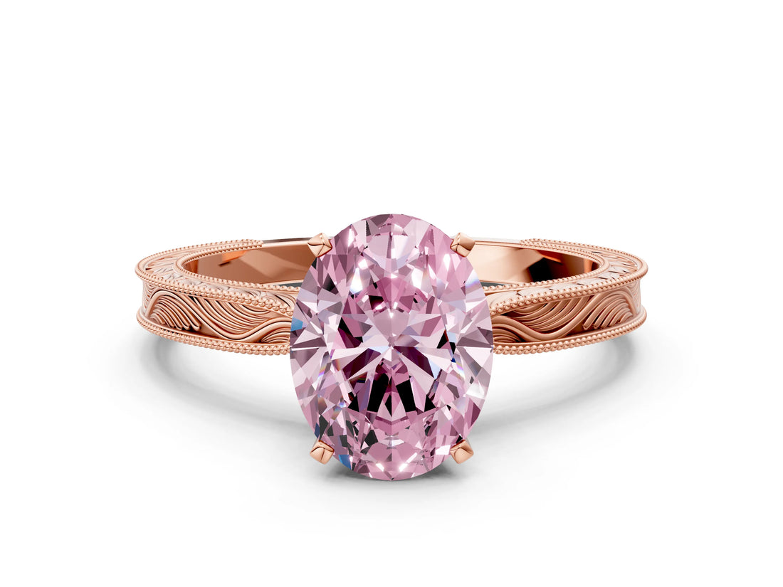 Rose gold Fancy Pink Oval Cut Solitaire Milgrain Engraved Band with Four-Prong Setting
