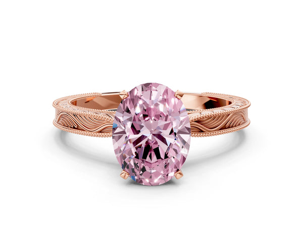 Rose Gold Oval Solitaire Engagement Ring Setting for Fancy Pink Center with Engraved Band