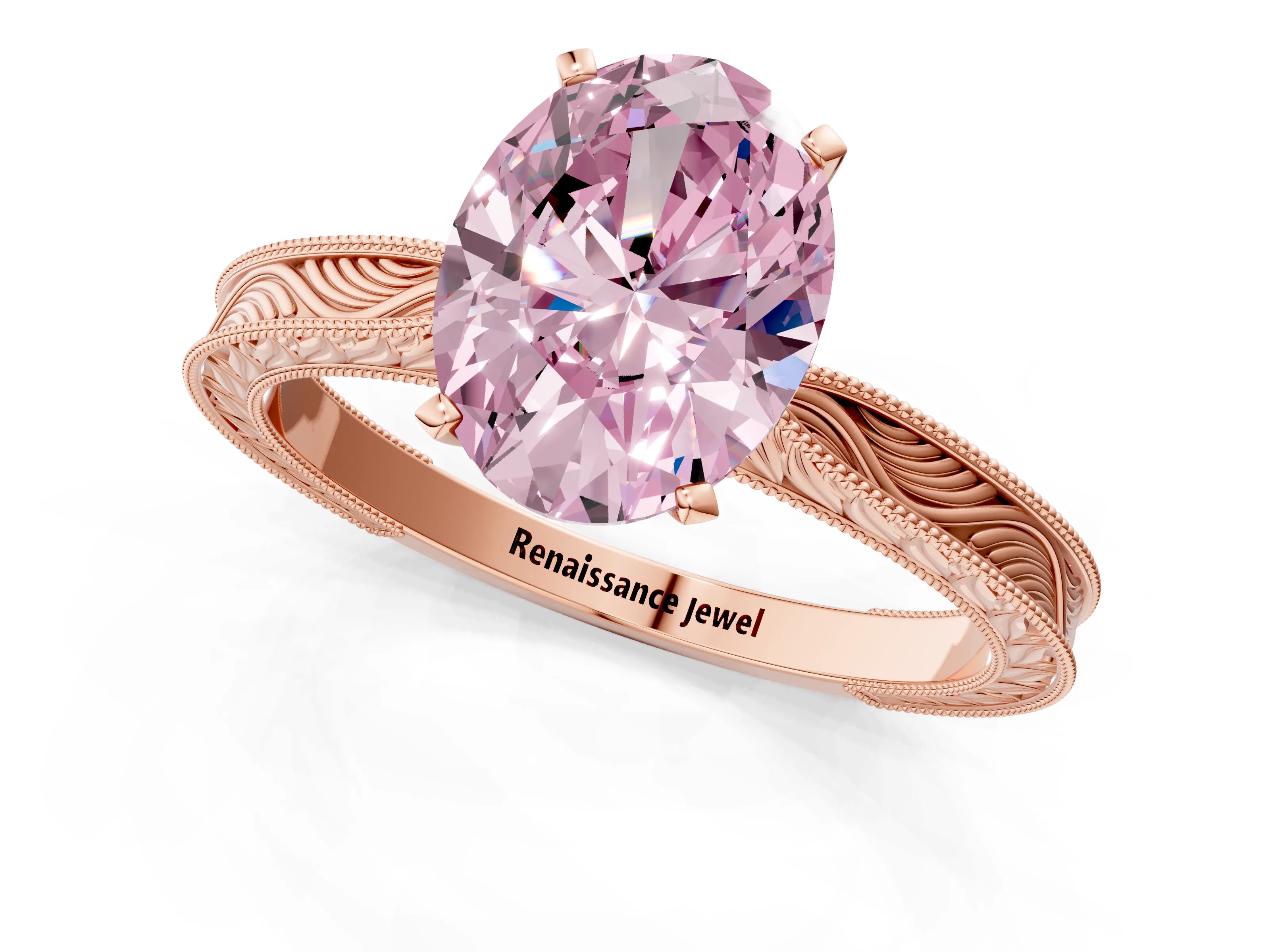 Rose gold Fancy Pink Oval Cut Solitaire Milgrain Engraved Band with Four-Prong Setting_1