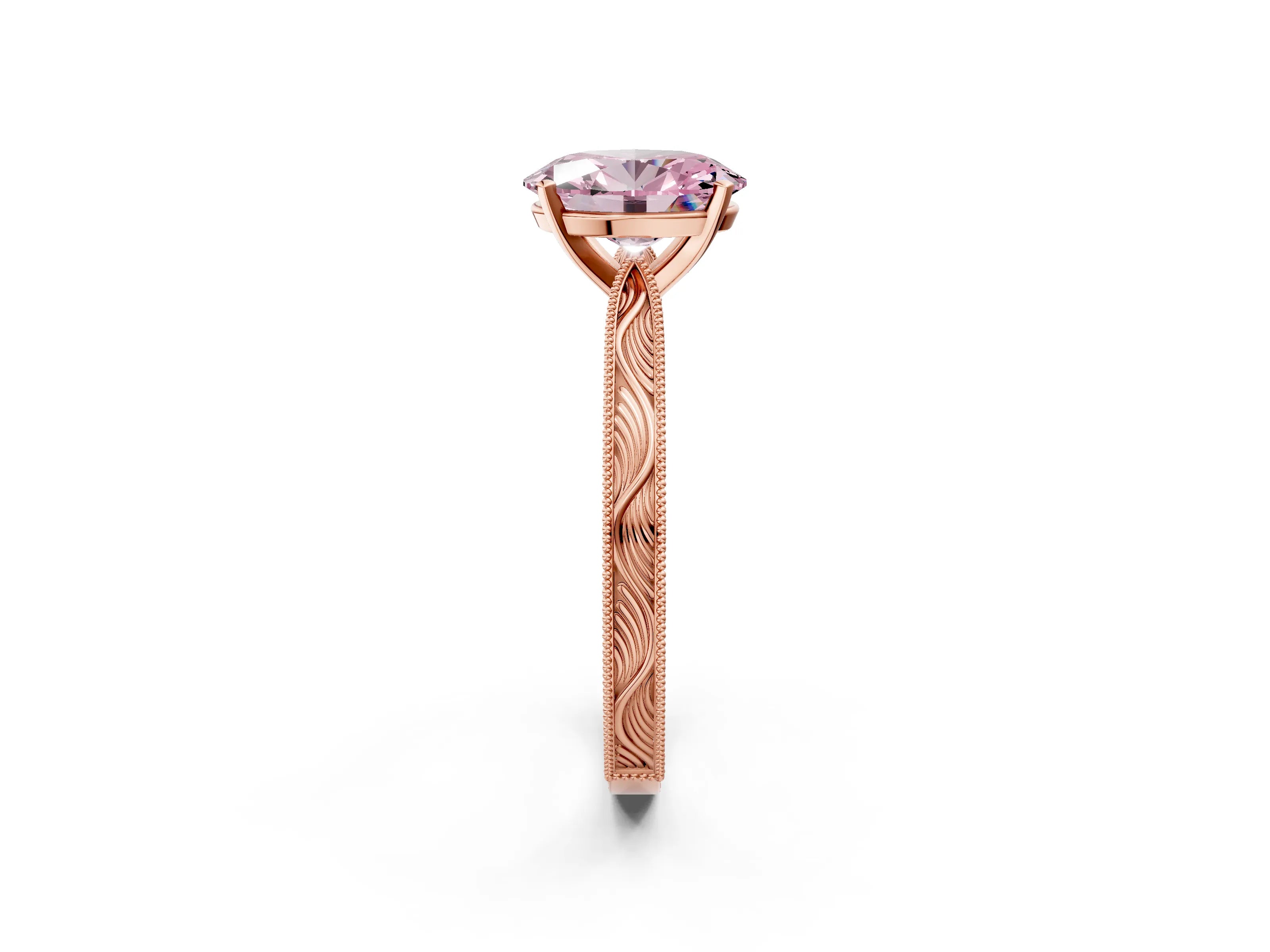 Rose gold Fancy Pink Oval Cut Solitaire Milgrain Engraved Band with Four-Prong Setting_2