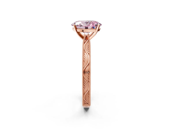 Rose Gold Oval Solitaire Engagement Ring Setting for Fancy Pink Center with Engraved Band