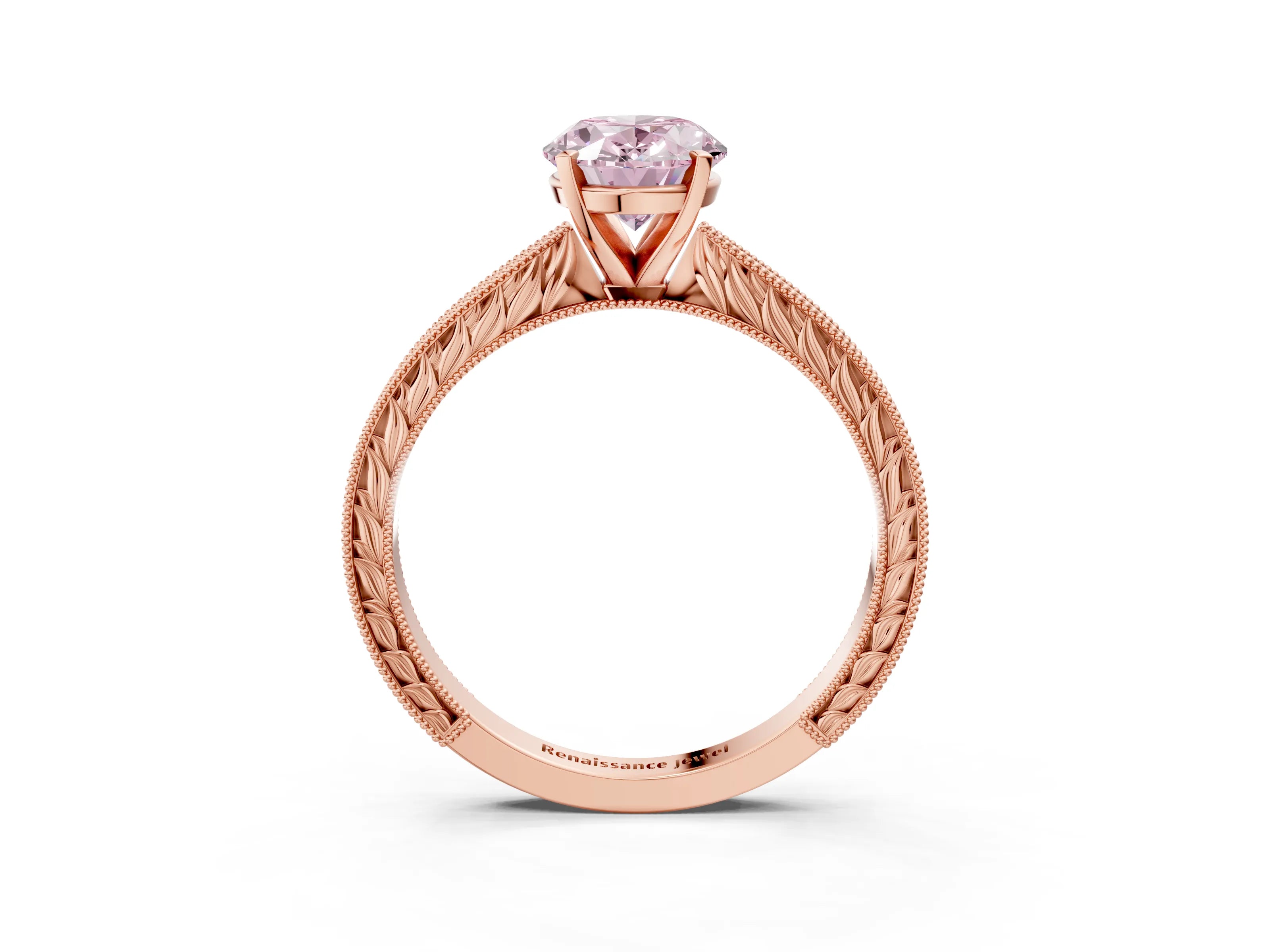 Rose gold Fancy Pink Oval Cut Solitaire Milgrain Engraved Band with Four-Prong Setting_3