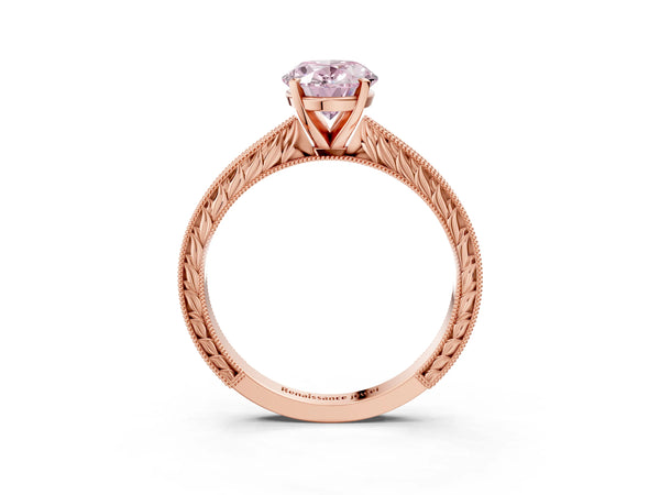 Rose Gold Oval Solitaire Engagement Ring Setting for Fancy Pink Center with Engraved Band