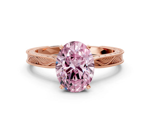 Rose gold Fancy Pink Oval Cut Solitaire Milgrain Engraved Band with Four-Prong Setting