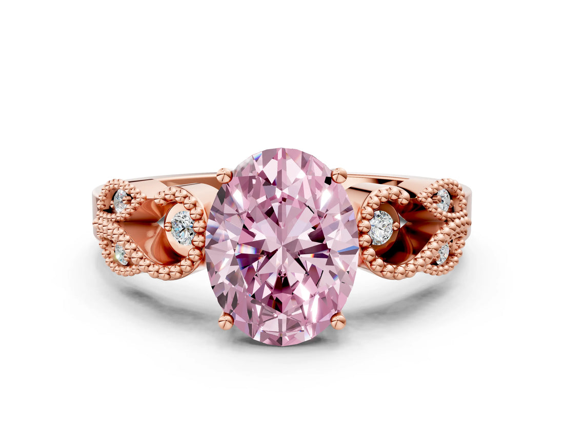 Rose gold Fancy Pink Oval Cut Solitaire Milgrain Leaf Band with Prong Setting