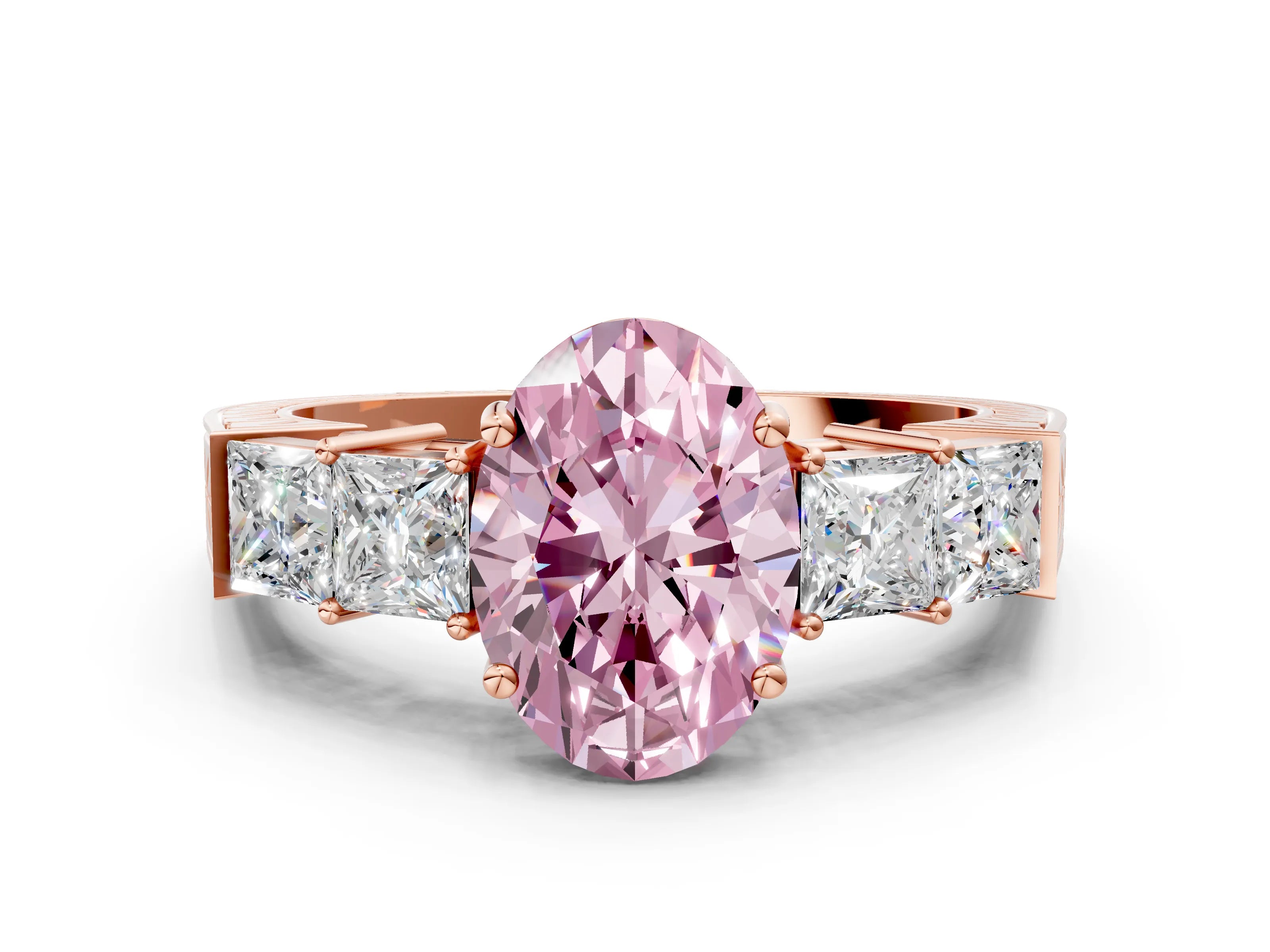 Rose gold Fancy Pink Oval Cut Solitaire Princess Side Stone Engraved Band Prong Setting Ring