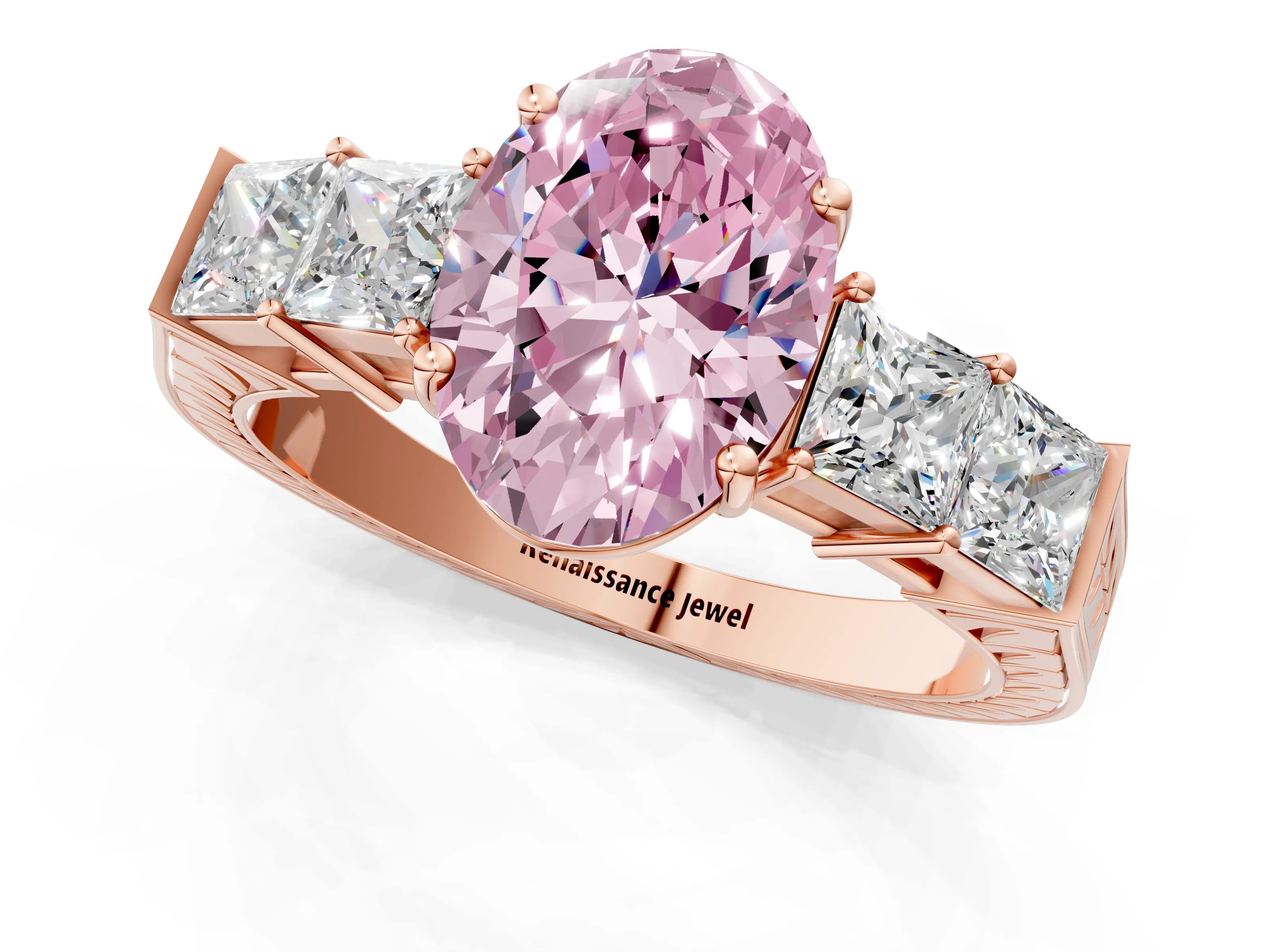 Rose gold Fancy Pink Oval Cut Solitaire Princess Side Stone Engraved Band Prong Setting Ring_1