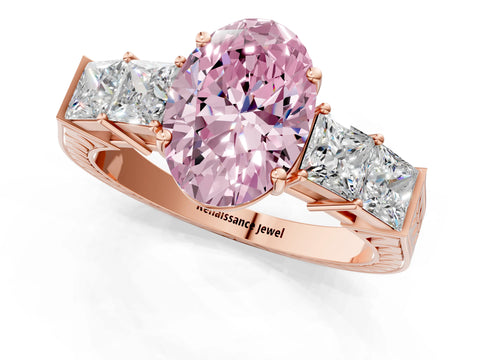 Rose gold Fancy Pink Oval Cut Solitaire Princess Side Stone Engraved Band Prong Setting Ring_1