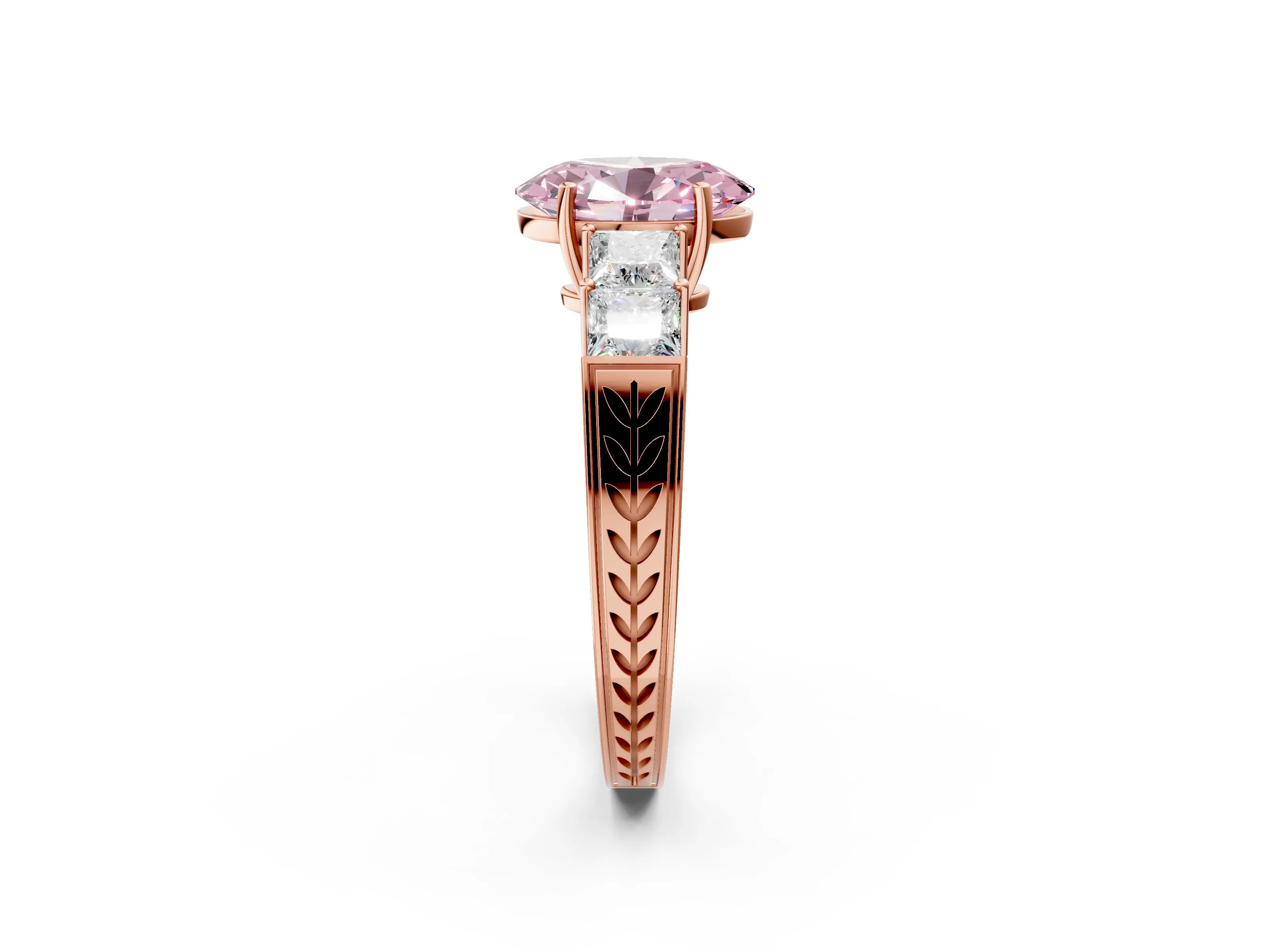 Rose gold Fancy Pink Oval Cut Solitaire Princess Side Stone Engraved Band Prong Setting Ring_2