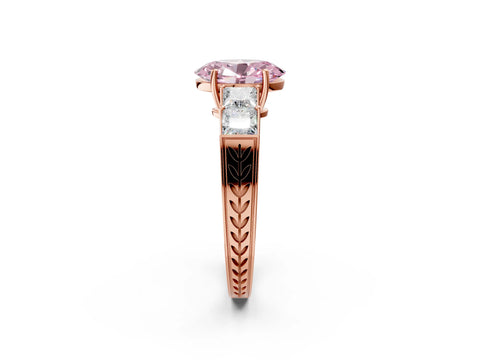Rose gold Fancy Pink Oval Cut Solitaire Princess Side Stone Engraved Band Prong Setting Ring_2