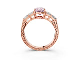 Rose gold Fancy Pink Oval Cut Solitaire Princess Side Stone Engraved Band Prong Setting Ring_3