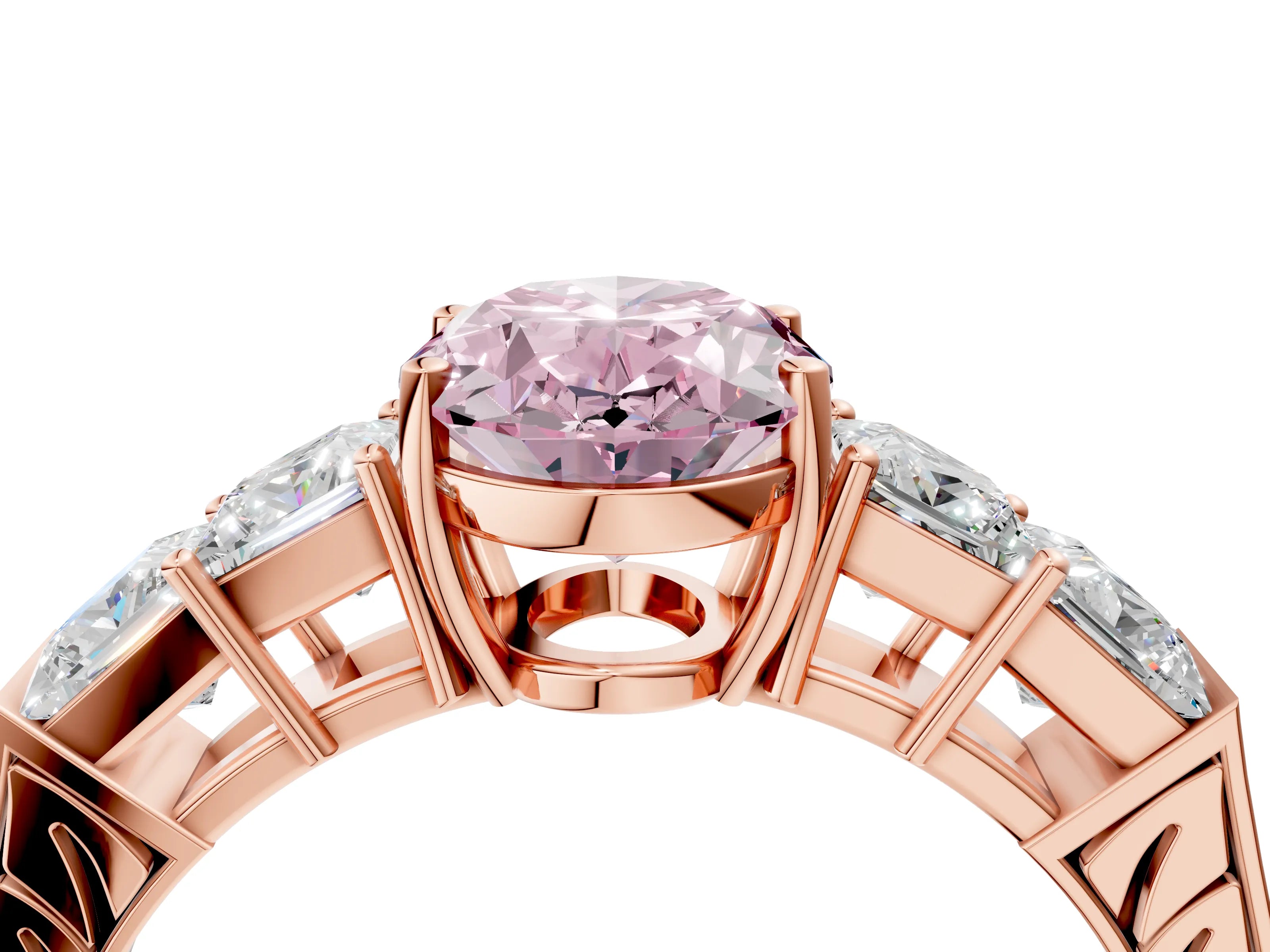 Rose gold Fancy Pink Oval Cut Solitaire Princess Side Stone Engraved Band Prong Setting Ring_4