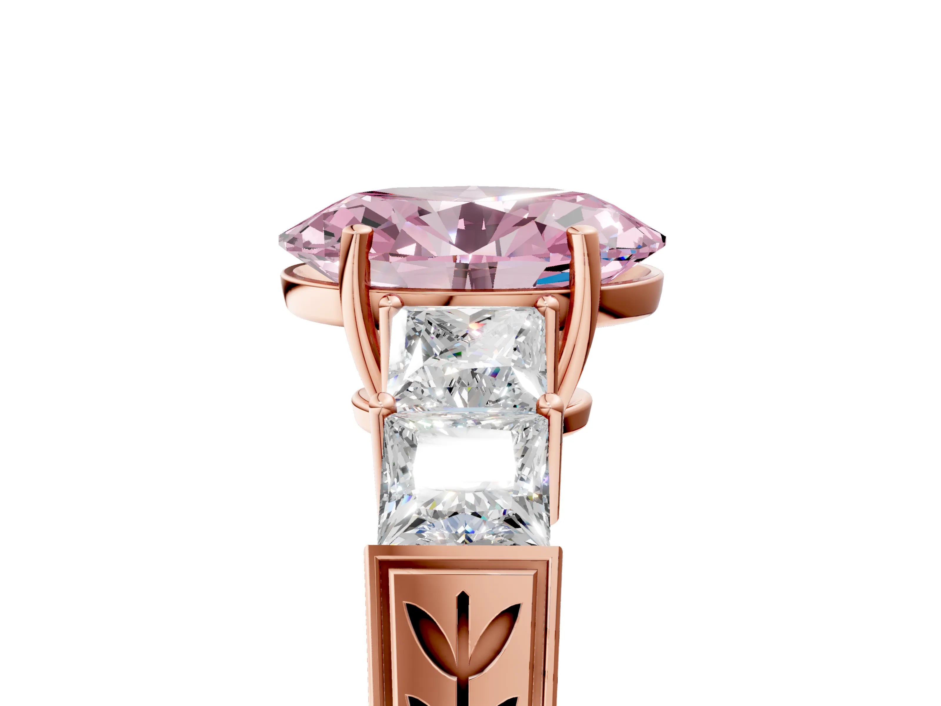 Rose gold Fancy Pink Oval Cut Solitaire Princess Side Stone Engraved Band Prong Setting Ring_5