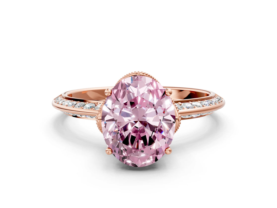 Rose gold Fancy Pink Oval Cut Solitaire Split Shank Pave Diamond Engagement Ring with Four-Prong Setting