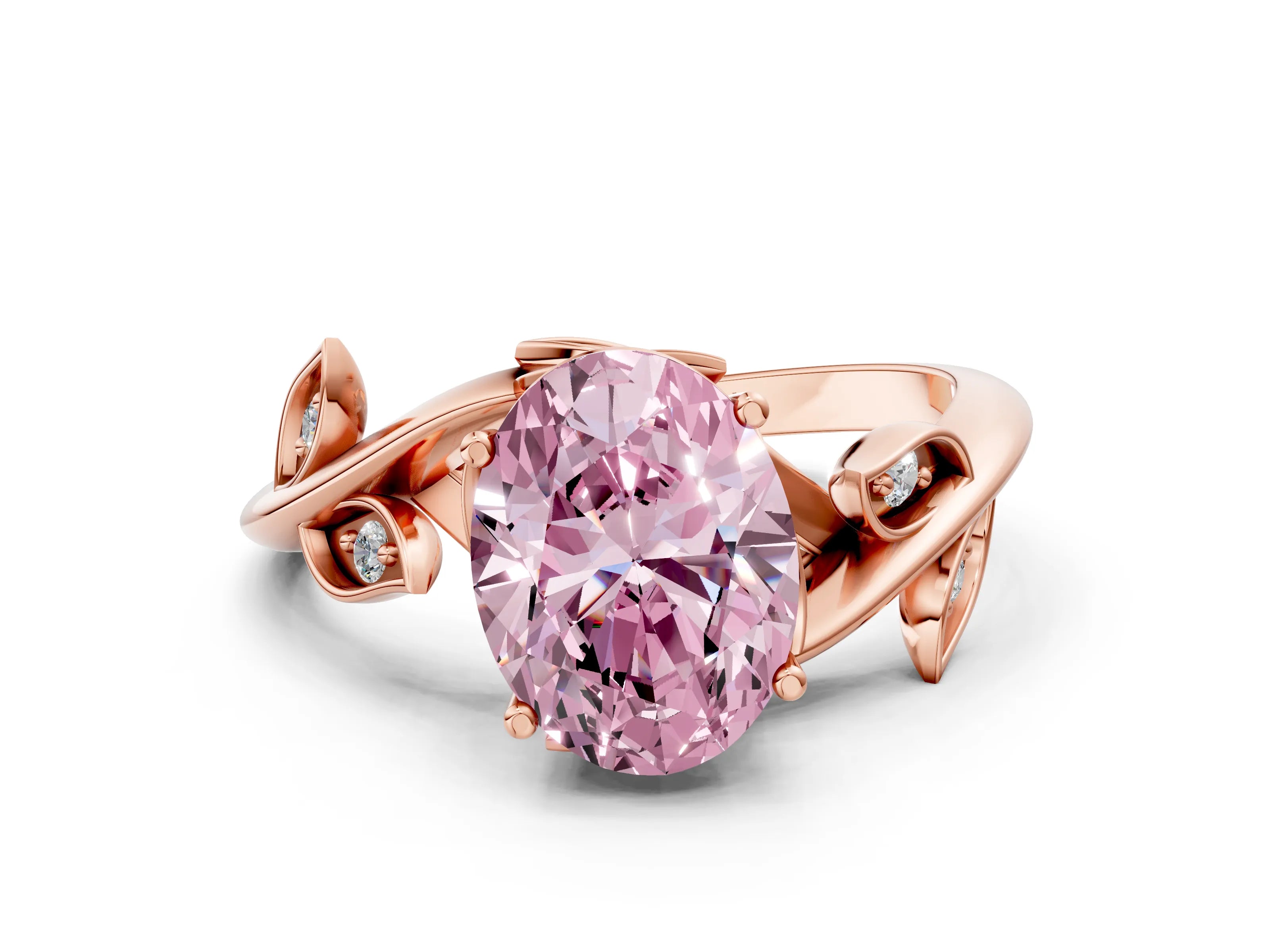 Rose gold Fancy Pink Oval Cut Solitaire Twist Engagement Ring with Leaf Accents and Prong Setting_12