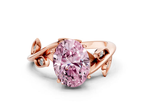 Rose gold Fancy Pink Oval Cut Solitaire Twist Engagement Ring with Leaf Accents and Prong Setting_12