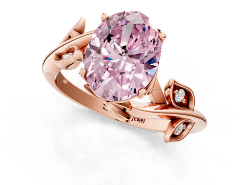 Rose gold Fancy Pink Oval Cut Solitaire Twist Engagement Ring with Leaf Accents and Prong Setting_13