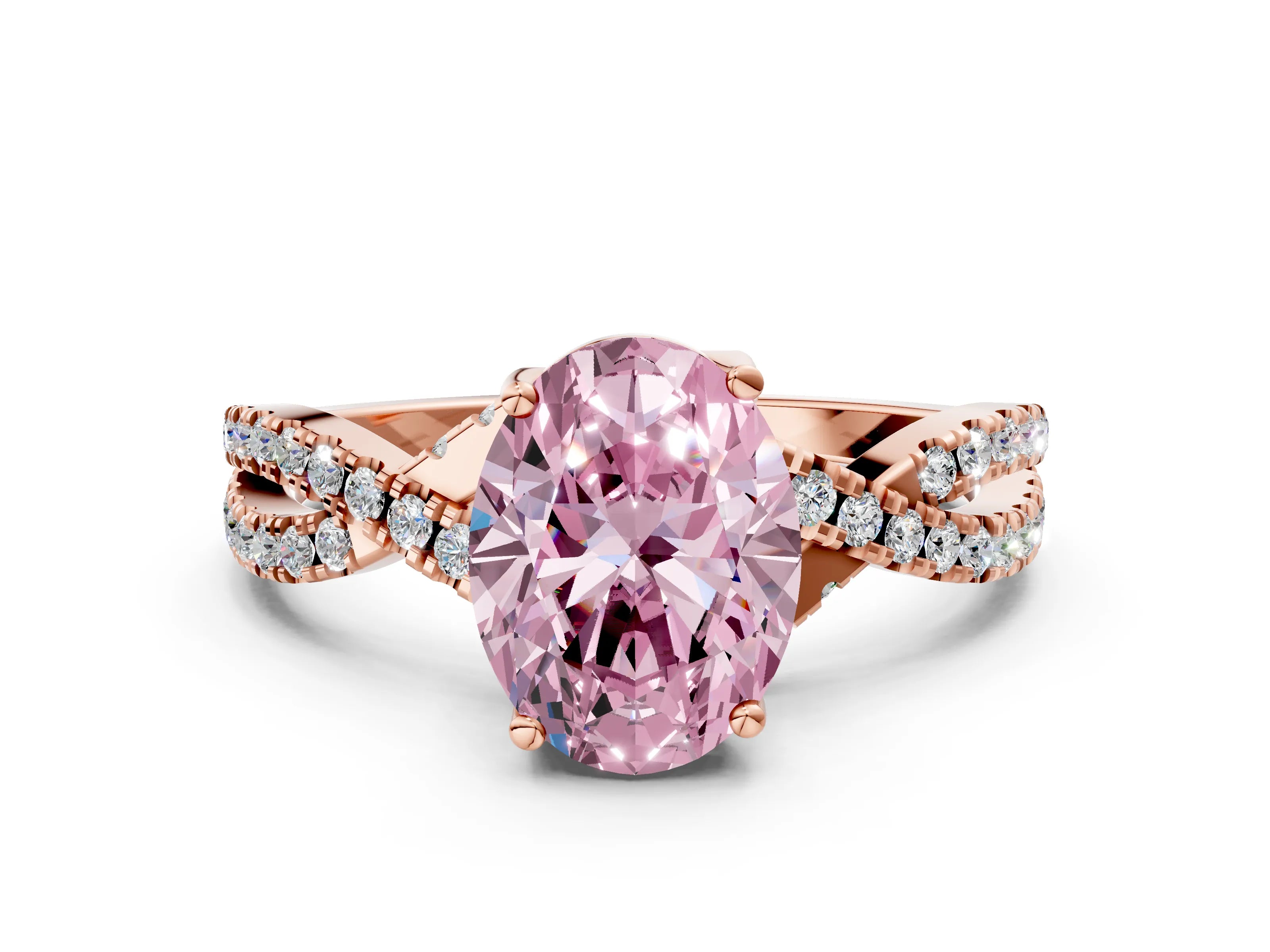 Rose gold Fancy Pink Oval Cut Solitaire Twist Pave Diamond Engagement Ring with Prong Setting