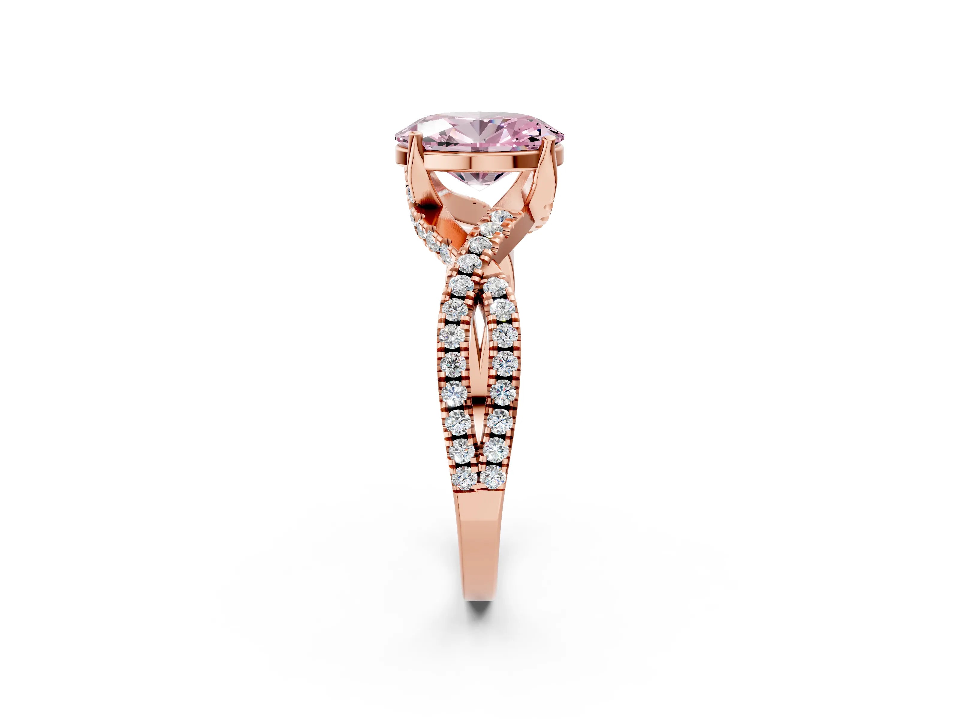 Rose gold Fancy Pink Oval Cut Solitaire Twist Pave Diamond Engagement Ring with Prong Setting_2