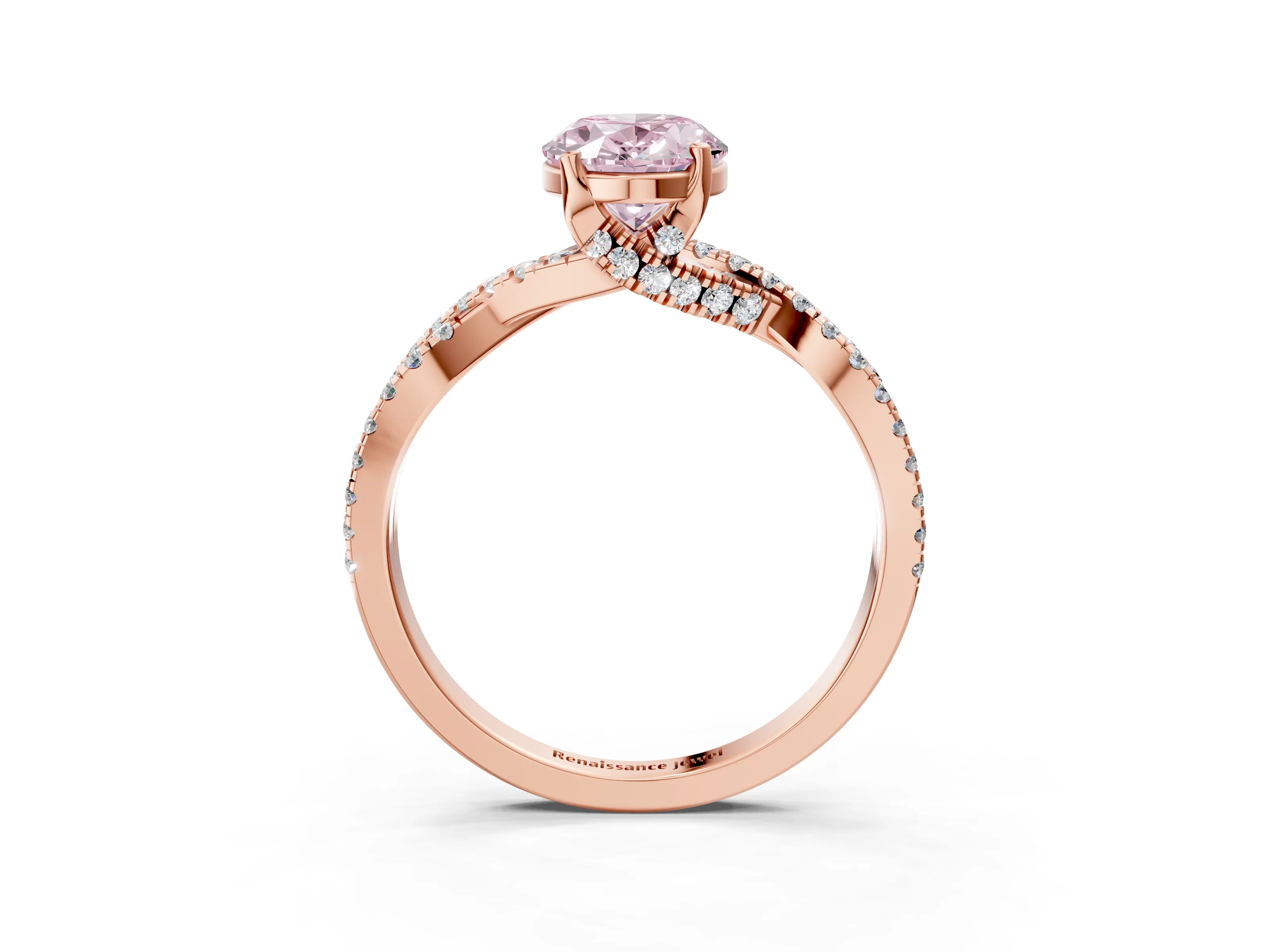 Rose gold Fancy Pink Oval Cut Solitaire Twist Pave Diamond Engagement Ring with Prong Setting_3