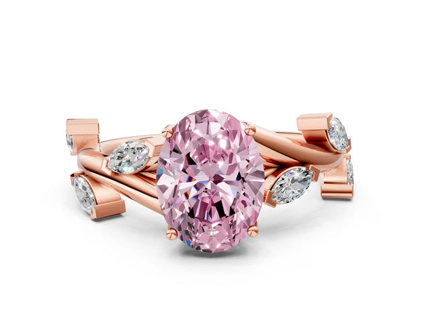Rose gold Fancy Pink Oval Cut Solitaire Twisted Band Marquise Accent Prong Setting Ring