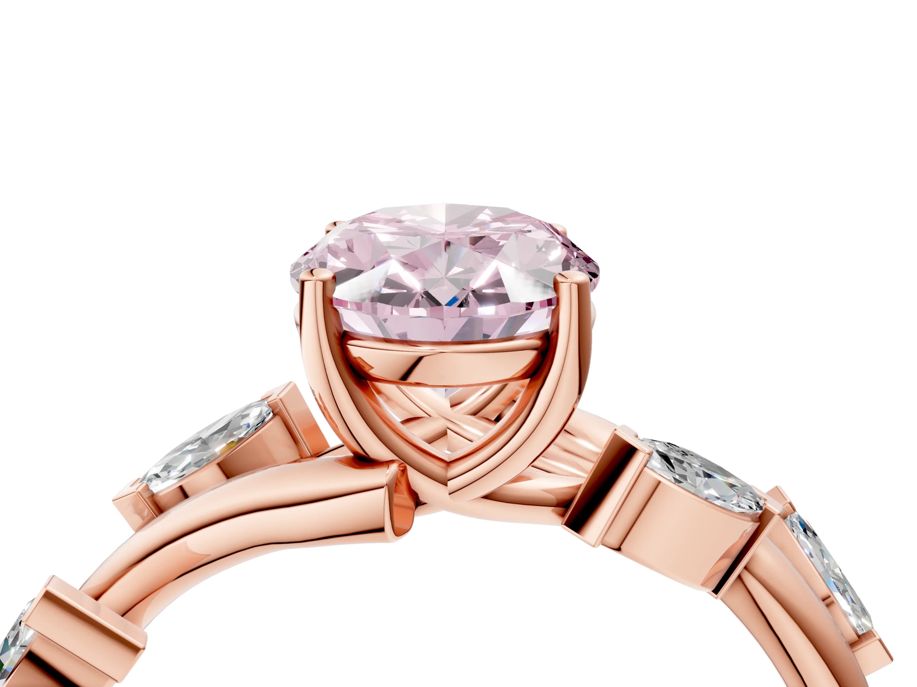 Rose gold Fancy Pink Oval Cut Solitaire Twisted Band Marquise Accent Prong Setting Ring_4