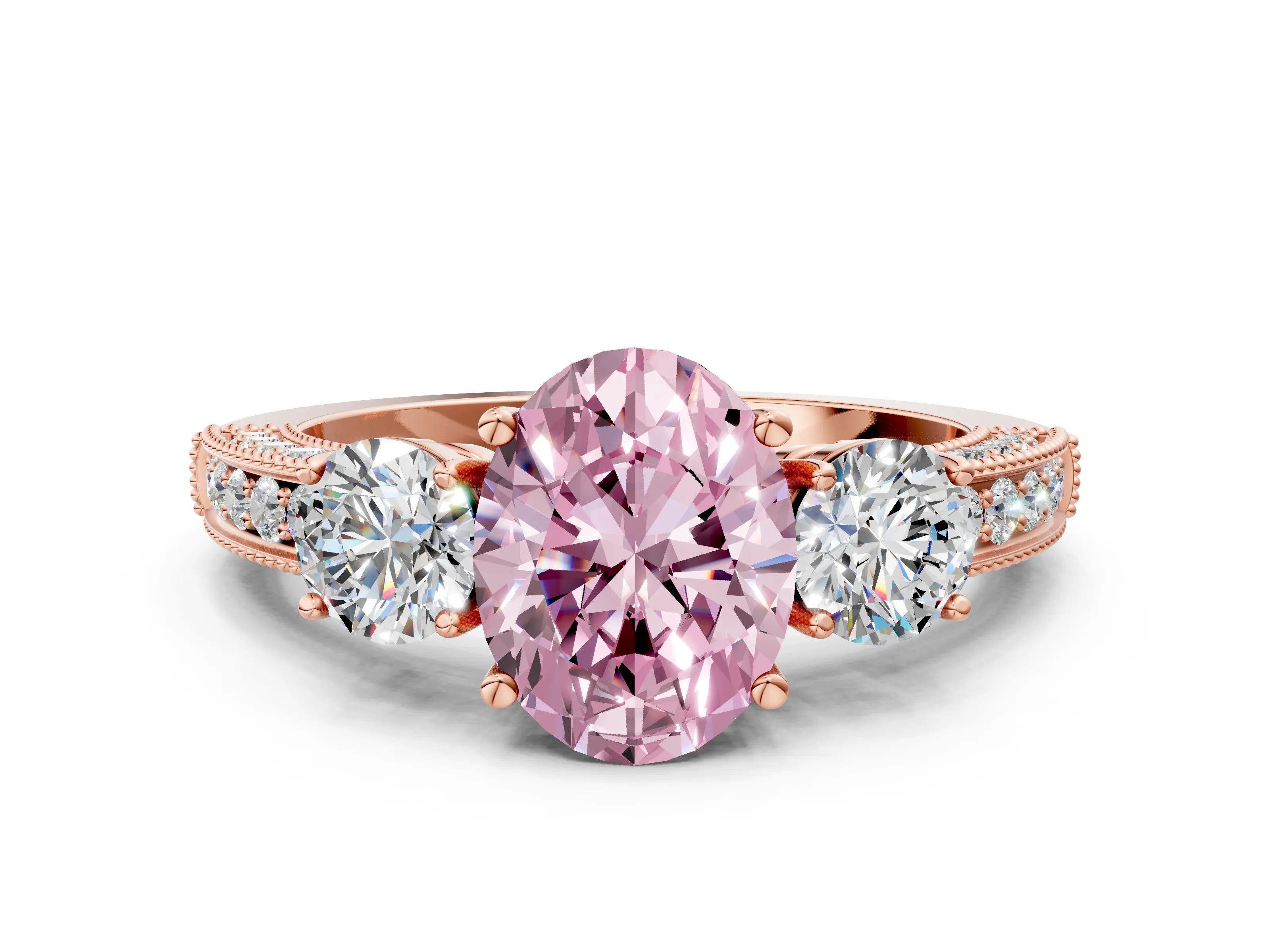 Rose gold Fancy Pink Oval Cut Three-Stone Diamond Ring with Pavé Band and Four-Prong Setting