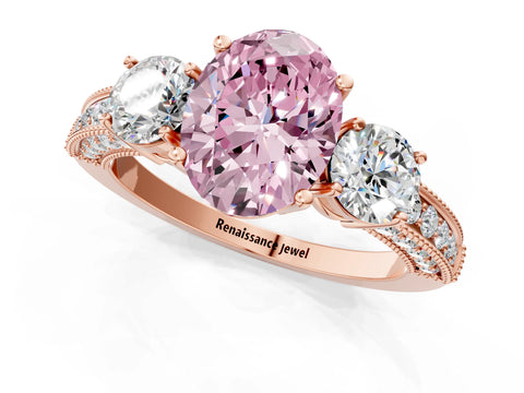 Rose gold Fancy Pink Oval Cut Three-Stone Diamond Ring with Pavé Band and Four-Prong Setting_1