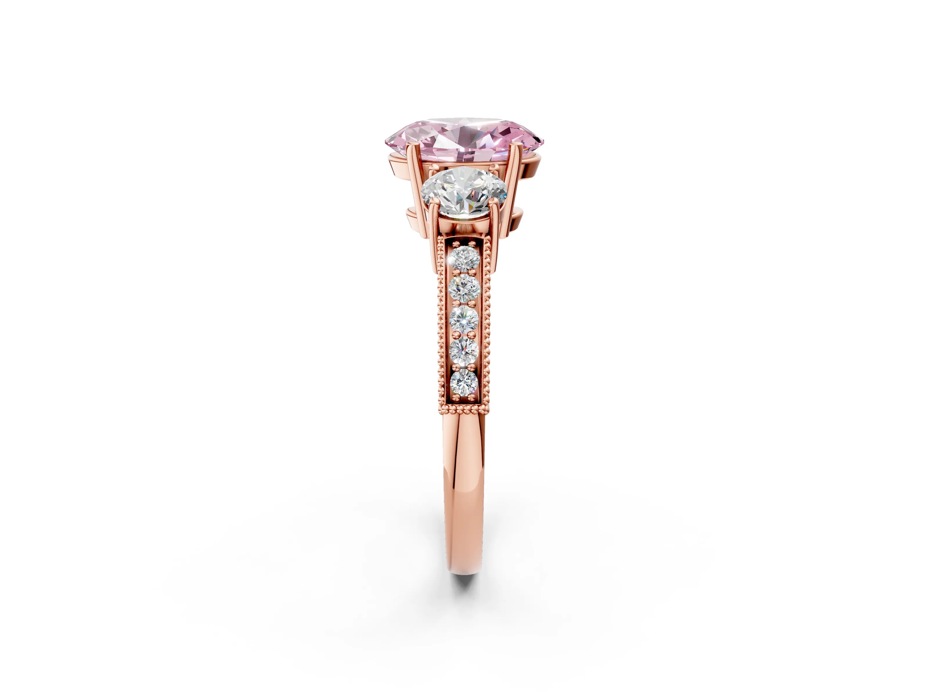 Rose gold Fancy Pink Oval Cut Three-Stone Diamond Ring with Pavé Band and Four-Prong Setting_2