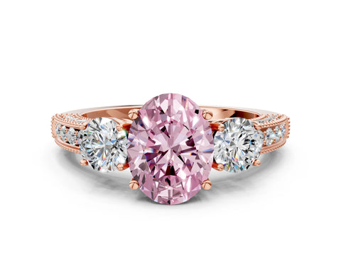 Rose gold Fancy Pink Oval Cut Three-Stone Diamond Ring with Pavé Band and Four-Prong Setting