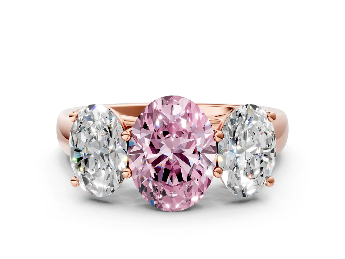 Rose gold Fancy Pink Oval Cut Three-Stone Diamond Ring with Prong Setting on a Classic Band_12