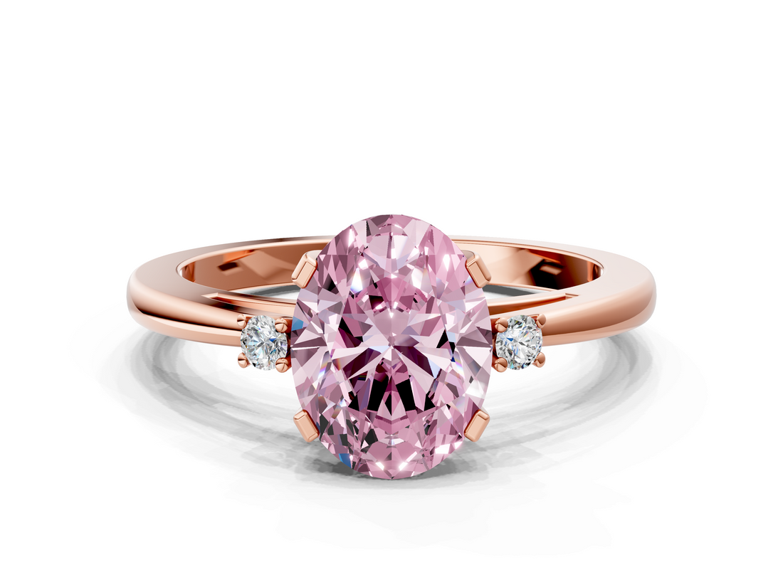 Rose gold Fancy Pink Oval  Cut Three-Stone Solitaire Ring with Round Accent Diamonds and Four-Prong Setting_20