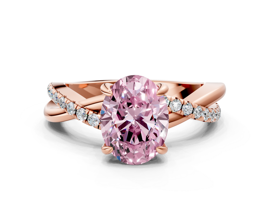Rose gold Fancy Pink Oval  Cut Twist Band Solitaire Diamond Ring with Pavé Setting_3