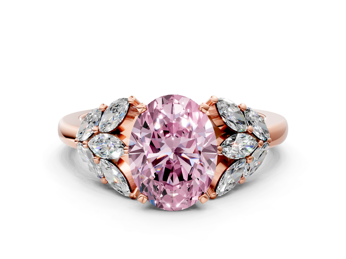 Rose gold Fancy Pink Oval  Diamond Cluster Leaf Design Ring with Prong Setting_66