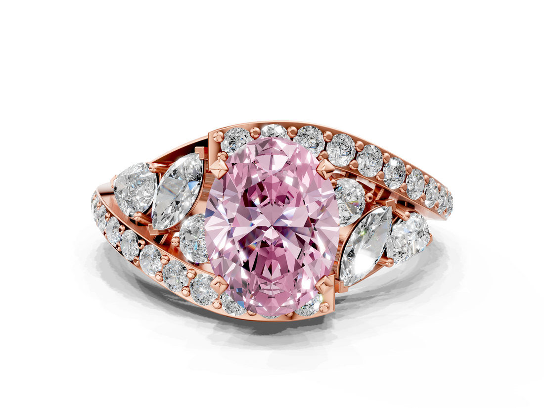 Rose gold Fancy Pink Oval  Diamond Halo Ring with Marquise and Pavé Band in Prong Setting_73