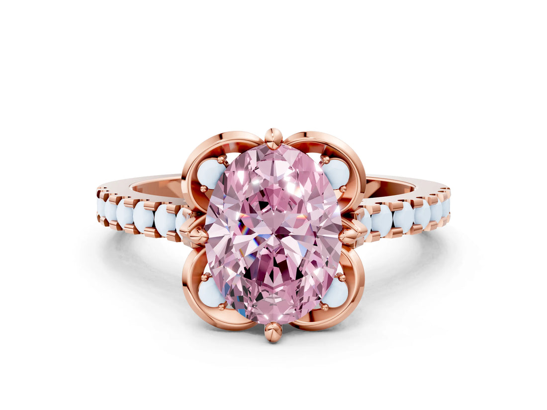 Rose gold Fancy Pink Oval  Diamond Pave Band with Floral Prong Setting_15