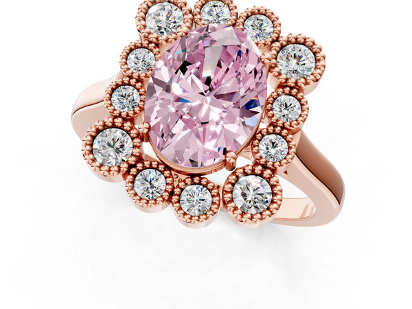 Rose gold Fancy Pink Oval  Halo Diamond Cluster Engagement Ring with Milgrain Bezel Setting and Solitaire Band