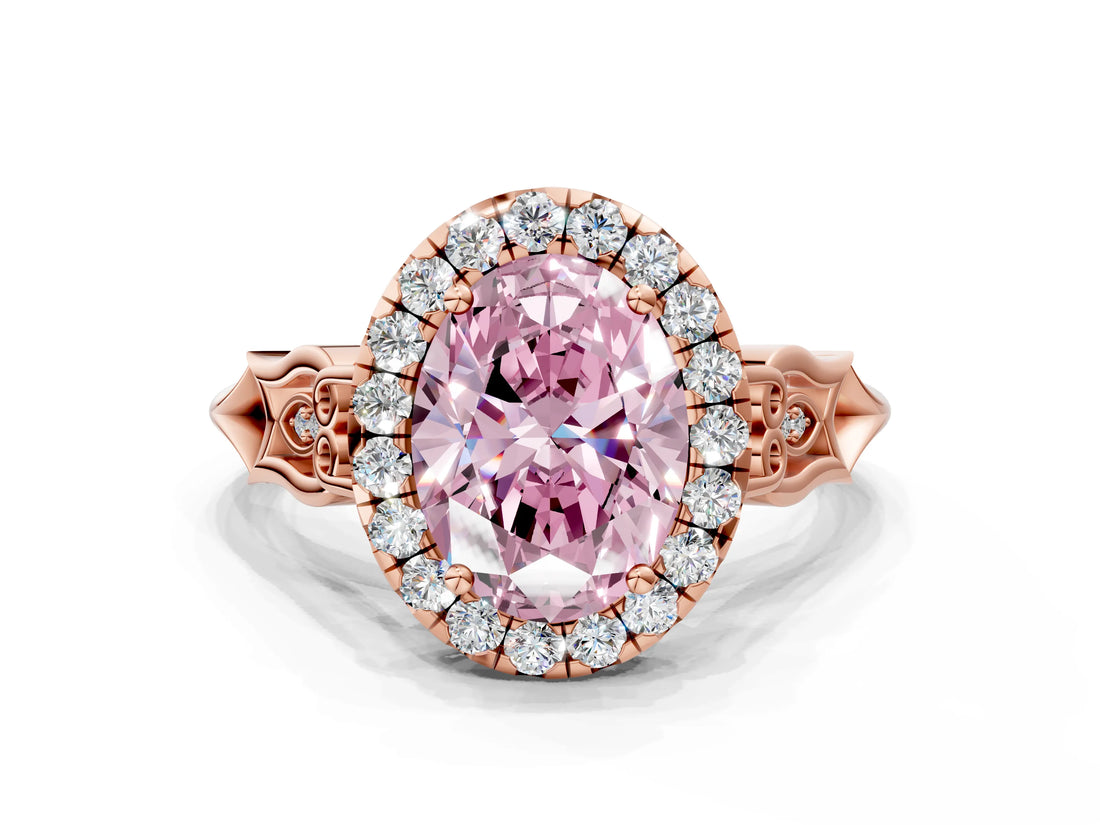 Rose gold Fancy Pink Oval  Halo Diamond Engagement Ring with Filigree Band and Four-Prong Setting_81