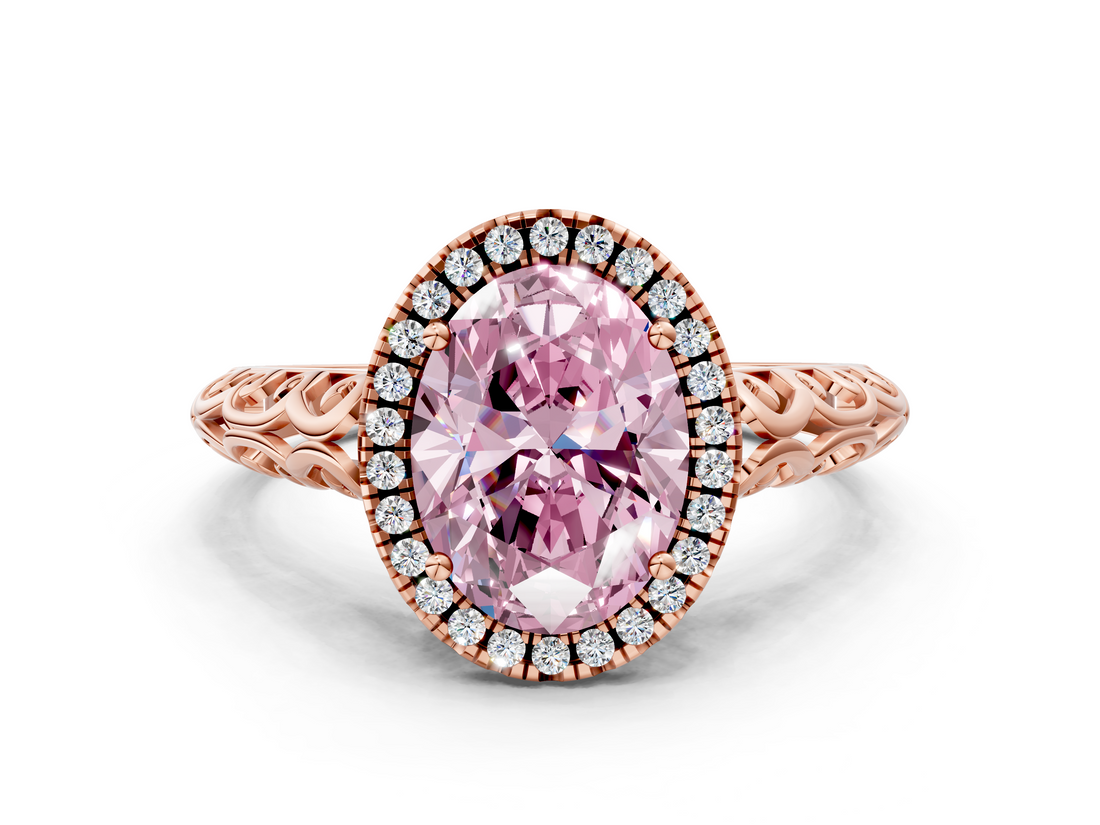 Rose gold Fancy Pink Oval  Halo Diamond Engagement Ring with Intricate Filigree Band and Four-Prong Setting_37