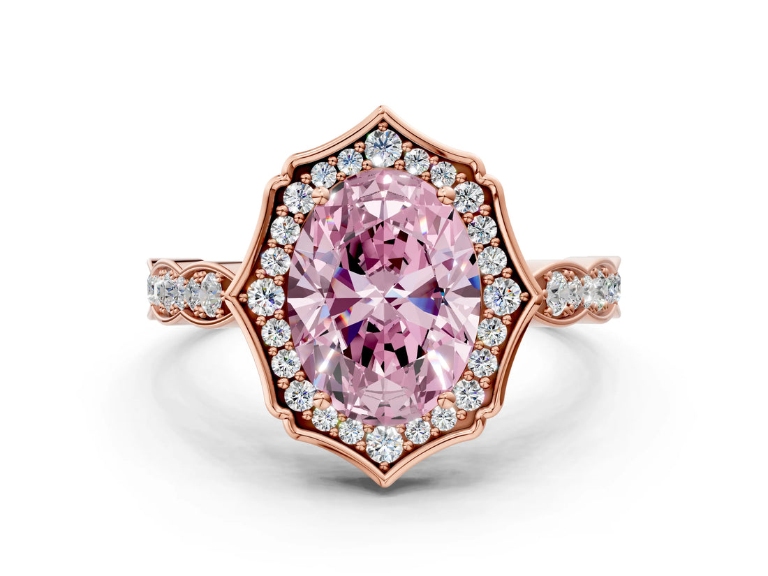 Rose gold Fancy Pink Oval  Halo Diamond Engagement Ring with Milgrain Band and Four-Prong Setting_55