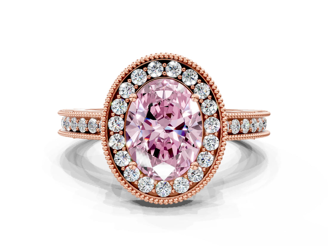 Rose gold Fancy Pink Oval  Halo Diamond Engagement Ring with Milgrain Pave Band and Four-Prong Setting_153