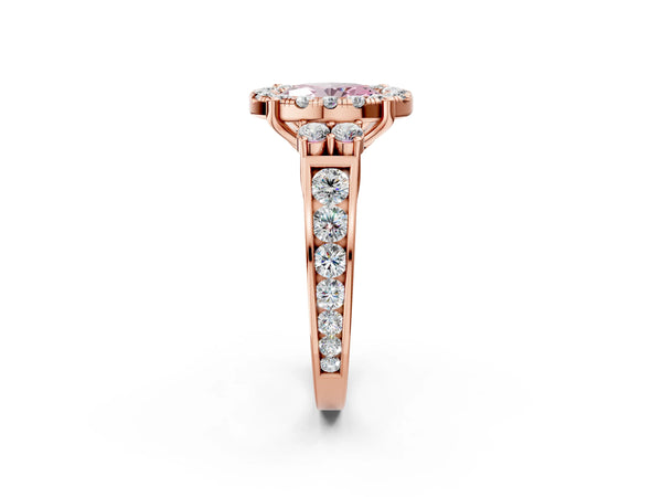 Rose gold Fancy Pink Oval  Halo Diamond Engagement Ring with Split Shank and Four-Prong Setting
