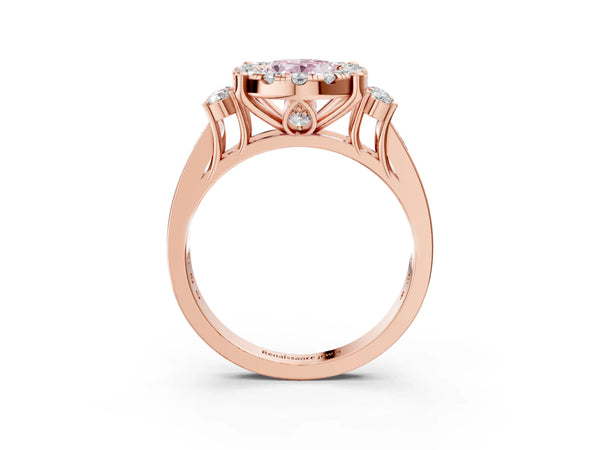 Rose gold Fancy Pink Oval  Halo Diamond Engagement Ring with Split Shank and Four-Prong Setting