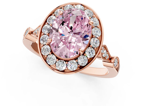 Rose gold Fancy Pink Oval  Halo Diamond Engagement Ring with Twisted Band and Four-Prong Setting