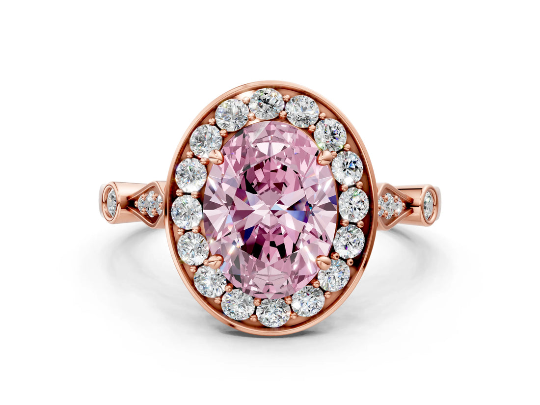 Rose gold Fancy Pink Oval  Halo Diamond Engagement Ring with Twisted Band and Four-Prong Setting